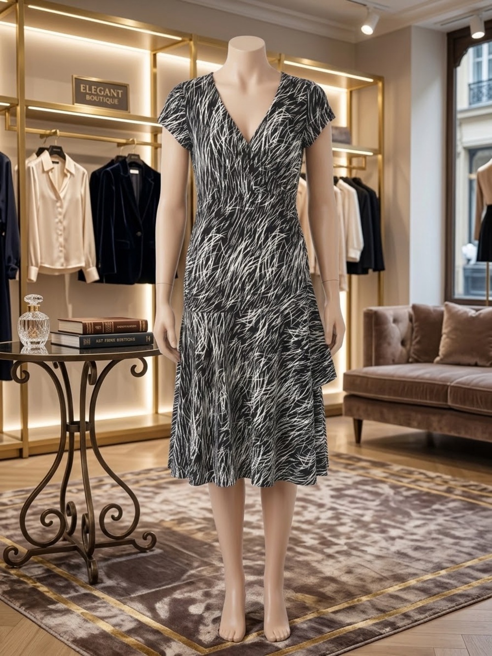 Acorn Black & White V-Neck Midi Dress